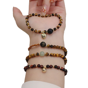 Natural Stone <b>Beaded</b> Bracelets <b>Set</b> Heart Charm Gold Plated Women's Bohemia Style Fashion Jewelry Gift 6mm - Product Image 1