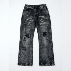 Vaqueros negros lavados y rasgados de algodón ligero para hombre, de pierna ancha, estilo vintage, ropa casual urbana, servicio OEM - Product Image 1