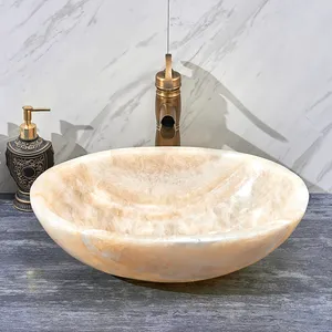 Oval shape Natural marble bathroom golden onyx sink bowl