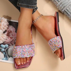 Sandalias Planas 2025 con Tiras Brillantes de Pedrería, Modelo 526, Cómodas, Talla Grande, Punta Cuadrada Abierta, para Mujer - Product Image 2