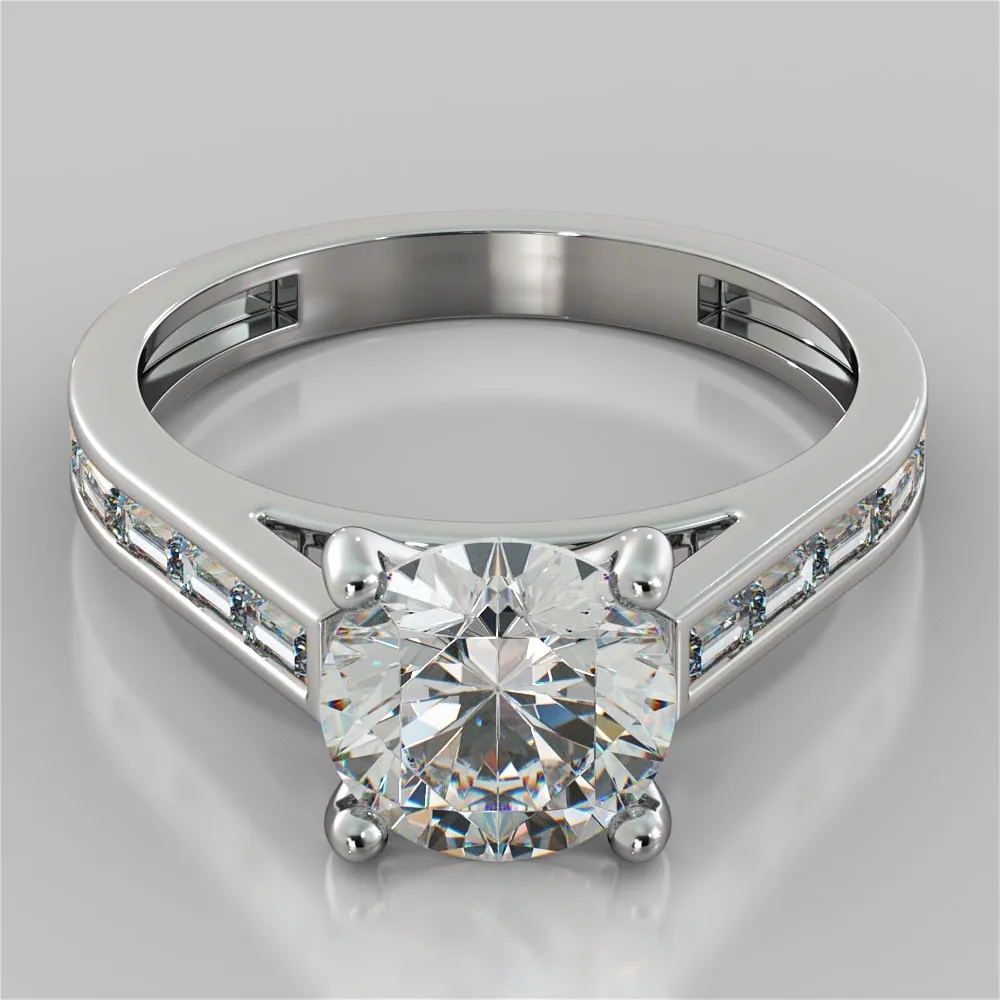 Luster Jewelry Round Cut 2.58ct D VS1 Lab Grown Diamond With Baguettes Ring 18k White Gold Engagement Ring