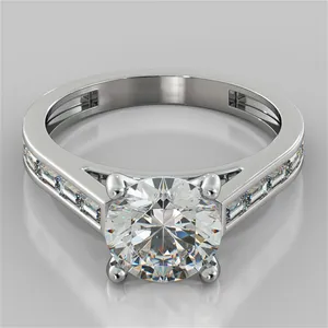Luster Jewelry Round Cut 2.58ct D VS1 Lab Grown Diamond With Baguettes Ring 18k White Gold Engagement Ring