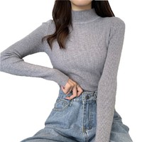 Damesmode Effen Kleur Pullovers Lange Mouwen Stretch Tops Halter Kraag Zachte Dunne Trui Voor Lente Seizoen Platte Gebreide Print