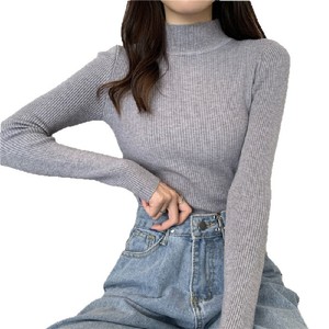 <strong>Lady</strong> Fashion Solid Color Pullovers Long Sleeve Stretch Tops Halter Collar Soft <strong>Thin</strong> <strong>Jumper</strong> for Spring Season Flat Knitted Print - Product Image 1