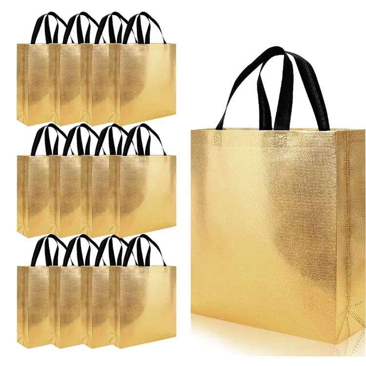 Metallic Laminated Pp Non Woven Gold Tote Packaging Gift Bags For Christmas