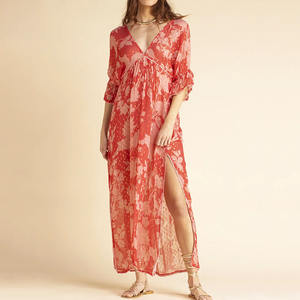 फैक्टरी डिजाइन बोहेमियन प्रिंट गहरा v लघु आस्तीन स्लिट मैक्सी ड्रेस कस्टम 100% रेयन वॉइल बीच पोशाक - Product Image 3