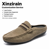 Mules mocassins Xinzirain personnalisées pour hommes, en daim rayé taupe, à bout fermé, avec bride penny et semelle de conduite, à enfiler