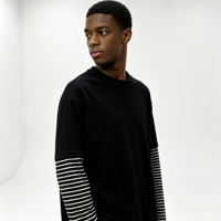 T-shirt à manches longues double couche en coton 100% rayé, coupe oversize, design d'usine, vêtement décontracté pour homme