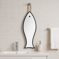 Miroir mural décoratif en forme de poisson unique Miroir suspendu en corde à cadre noir pour la décoration intérieure