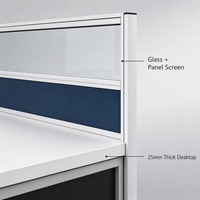 Bureau en panneaux de particules E1 avec plateau de 25 mm d'épaisseur, cloison en verre dépoli et meuble à 3 tiroirs blanc