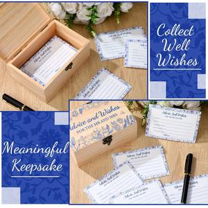 Coffret en bois pour Monsieur et Madame, 60 cartes d'avis de mariage avec stylo de signature, motif floral bleu, décoration pour livre d'or de mariage ou de fête prénuptiale - Product Image 5