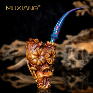Muxiang Wood Carved Tobacco Pipe Bent Shape Handmade Smoking Pipe With Colorful Stem For Men - Product Image 1