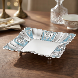 Elegant Polished Metal <b>Serving</b> <b>Tray</b> With Floral Pattern Blue Accents Residential Use - Product Image 5