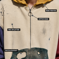 Sweat à capuche zippé intégral en molleton de coton 400 GSM personnalisé, patchwork multicolore, effet vieilli, pour homme, style streetwear grunge déstructuré