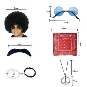 PESENAR 60s Dress-Up Kit 6pcs: <span class=keywords><strong>perruque</strong></span> <span class=keywords><strong>hippie</strong></span>, moustache décoration, lunettes rondes, bandana et ensemble de bijoux rétro - Product Image 2