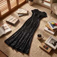 Robe de soirée à sequins noire, col rond, manches courtes, coupe fourreau, longueur ras du sol, pour mère de la mariée, invitée de mariage, fête, banquet