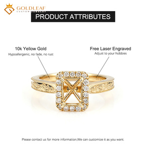 Bague halo en or jaune 14 carats Goldleafgem avec sangle gravée, semi-monture pour diamant de laboratoire de 1 à 5 carats, bijoux de mariage sur mesure - Product Image 5