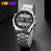 Jam Alarm lampu malam LED, arloji Alarm Digital LCD tahan air 3ATM Skmei 2049 modis pria Analog-Digital