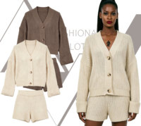 Ensemble cardigan côtelé Heather confortable, pull ample à col en V boutonné et short taille haute, style loungewear français