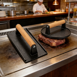 ที่กดเนื้อย่างบาร์บีคิวเหล็กหล่อทรงสี่เหลี่ยมลายสก็อต ไม่มีสารเคลือบผิว ด้ามจับไม้บีช ทำความสะอาดง่าย สำหรับสเต็กและ<span class=keywords><strong>หมู</strong></span>ย่าง - Product Image 5