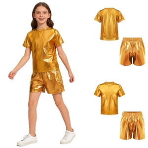 Ensemble de danse pour filles en feuille métallique, costume de scène jazz pour enfants, tenue brillante deux pièces à manches courtes, vêtements de danse hip-hop pour spectacle, personnalisable - Product Image 2