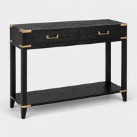 Console en bois à 2 tiroirs avec coins en métal moulé à la main, noire, pour aménagement intérieur de luxe de villa