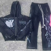 Fabricant OEM ODM de survêtements personnalisés avec strass, style streetwear, fermeture éclair, pantalon de survêtement évasé et ensemble de sweat-shirt