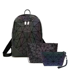 Conjunto de bolsas luminosas geométricas pop pato, novas mochilas de viagem para escola com zíper holográfico