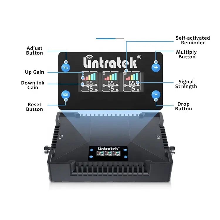 Lintratek Booster Triple Band 75 Dbi Mendapatkan 25 Dbm B28 700 900 1800MHz Output Power untuk Daerah Besar Seluler Penguat Sinyal Handphone