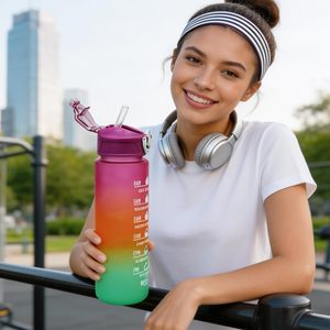 Wholesale Plastic Frosted Gradient Color High Stock Stocked Summer Motivational <b>Sports</b> <b>Water</b> <b>Bottle</b> - Product Image 5