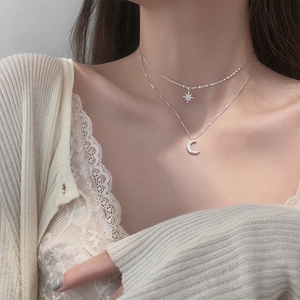 QY-06 <span class=keywords><strong>argento</strong></span> S50 doppio <span class=keywords><strong>2</strong></span> strati gioielli collo da donna Multi strati semplice lega metallica collana ciondolo stella luna - Product Image 2
