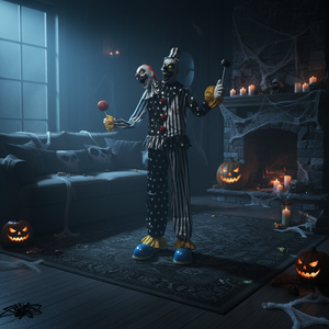 ฮาโลวีนลดราคาสุดฮอต ตุ๊กตาตัวตลกสองหัวขนาดใหญ่ ไฟฟ้าเหนี่ยวนำ แสงสว่าง ผ้าลาเท็กซ์ลายจุดลายทาง - Product Image 2