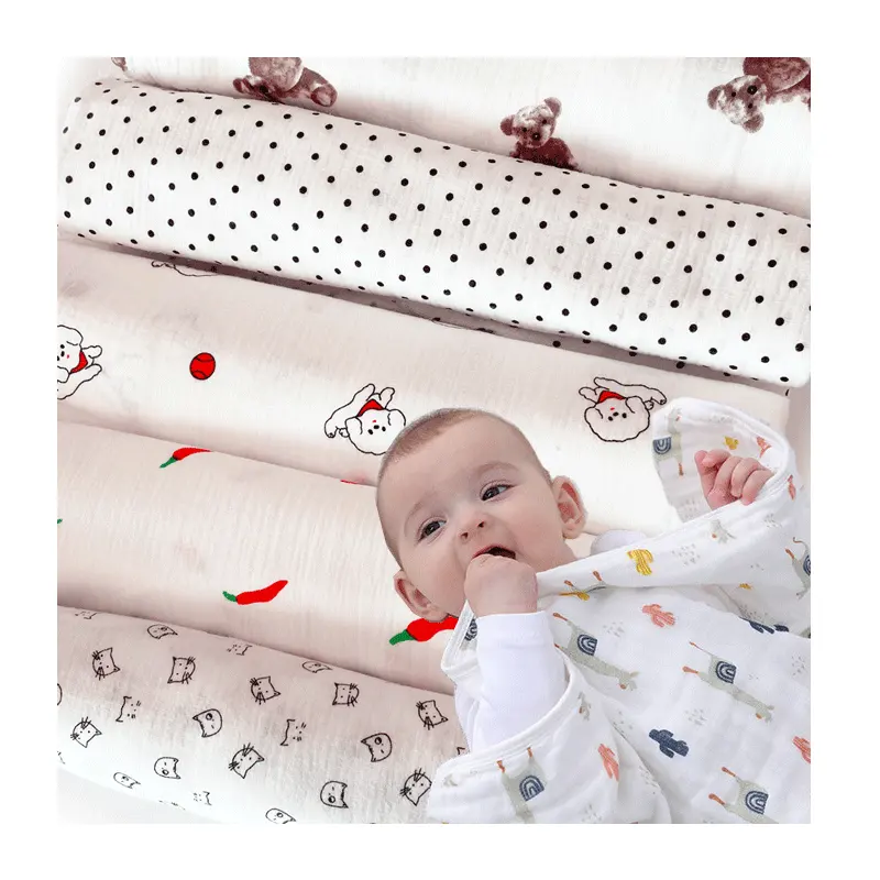 Hot selling 100% cotton cute pattern print double layer crepe muslin fabric for children clothing