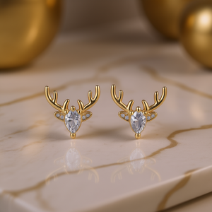 Orecchini a perno E3348 in oro bianco con cervo, cristallo taglio a pera e strass, montatura a griffe, da donna, graziosi, per tutti i giorni - Product Image 2