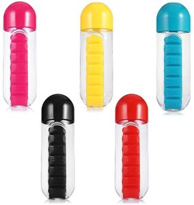 7 Days Pill Organizer Case Water Bottle Pill Box with Drinking Bottle Dose Push Button 7 Day Pill with Time Capsule Shape 600ML