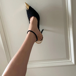 Rose Park Chae-young With the Same High Heels 22 Early Spring Black Sexy Metal Pointed Thin Heel Shoes Hollow Sandals Female - Product Image 3