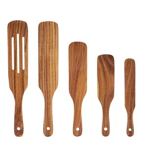 Ensemble de 5 ustensiles en bois de teck naturel pour la cuisine en ligne, comprenant une spatule rotative à palette, une spatule à fente et un grattoir
