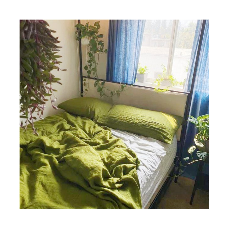 Conjunto de cama de cânhamo orgânico, 100%, cor verde, atacado, conjunto de lençol de duvet, capa de edredon, colcha com fronha