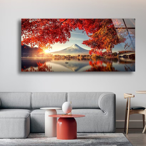 Decoración del hogar paisaje rojo Fuji montaña vidrio templado panorámico tamaño Extra grande cristal porcelana pintura pared - Product Image 5