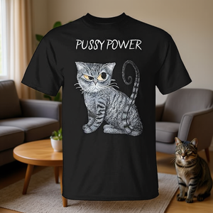 Camiseta Pussy Power para Amantes de los Gatos, Negra, Unisex, Cuello Redondo, Manga Corta, Impresión en Serigrafía, Prenda Promocional, Tallas S, M, L, XL, XXL - Product Image 3