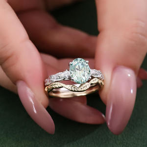 ヴィンテージ刻印10kゴールドリングセット2.5カラットオーバルターコイズモアッサナイトウェディングリングソリッドゴールドウェディングバンドレディースジュエリー - Product Image 1