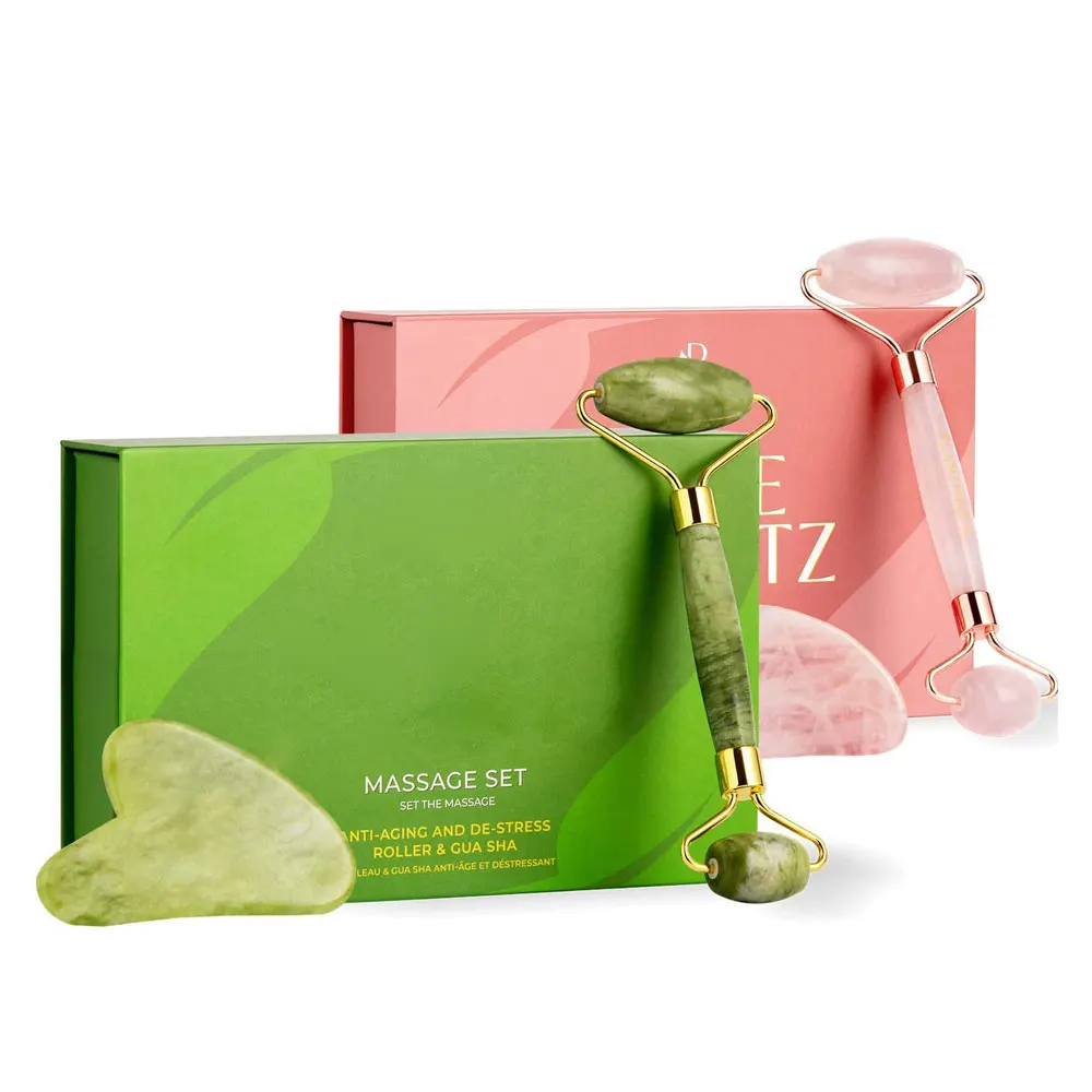 Anti-Aging-Gesichts massage Rosenquarz-Jade walze und Gua Sha of Cosmetics Gesichtshautmassagegerät-Rollenset