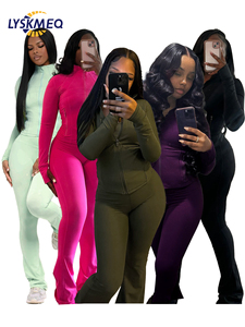 Bộ đồ hai mảnh in logo tùy chỉnh, quần áo mùa thu, bộ đồ mặc nhà, áo khoác ngắn phối quần ống loe, bộ đồ thể thao hai mảnh, quần jogger dành cho nữ - Product Image 2