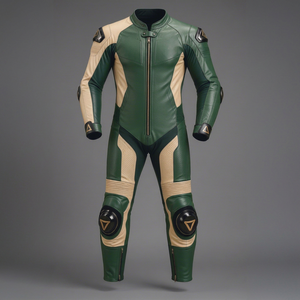 Traje de Motociclismo Unisex de Cuero Genuino Premium, Verde Beige, Manga Larga, Impermeable, Transpirable, con Bloques de Color, para Todas las Estaciones - Product Image 1