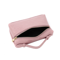 Sac de maquillage et étui de rangement pour cosmétiques de luxe en cuir véritable personnalisé, 4 pouces, portable, à la mode, avec fermeture éclair brodée, chaîne