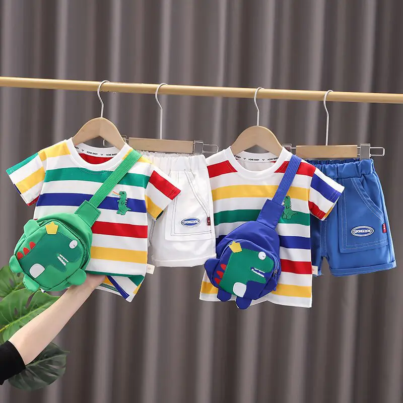 Baju bayi bergaris pelangi hewan bordir katun lengan pendek baju anak dinosaurus laki-laki tas Crossbody setelan kasual