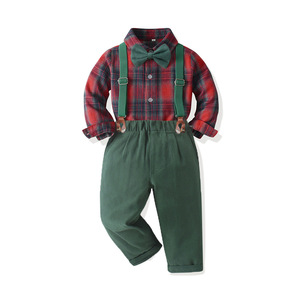 Tenue de cérémonie pour bébé garçon Noël 1er anniversaire <span class=keywords><strong>Chemise</strong></span> à carreaux Pantalon à bretelles Nœud papillon Ensemble - Product Image 6