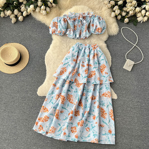 2024 nouveau été plage vacances femmes Sexy <span class=keywords><strong>jupe</strong></span> florale costumes Sexy hors épaule bustier tubulaire et gâteau <span class=keywords><strong>longue</strong></span> <span class=keywords><strong>jupe</strong></span> deux pièces ensemble - Product Image 3