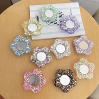 Support de téléphone à motif floral avec miroir, paillettes, adhésif, anneau de maintien, support de bureau télescopique, mode coréenne, vente en gros