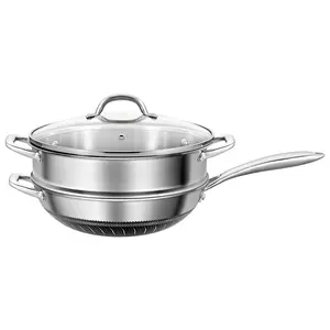 Ustensiles de cuisine personnalisés en acier inoxydable triple poêle wok chinois antiadhésif avec ensemble d'ustensiles de cuisine hexclad nid d'abeille vapeur